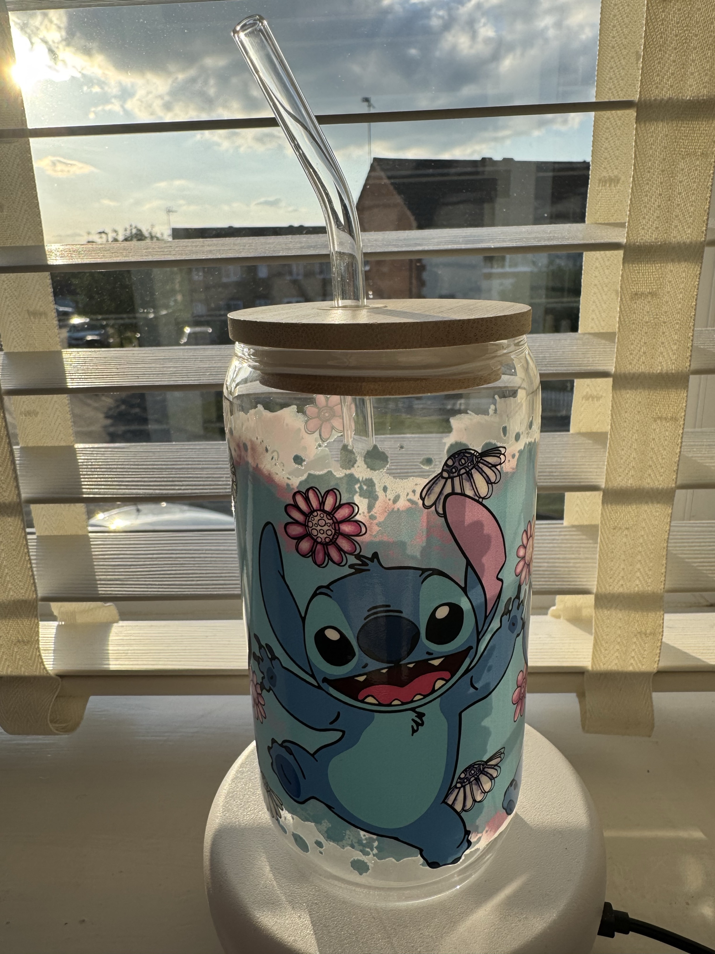 Stitch design glass Tumbler. Can be personalised with any text on the lid.